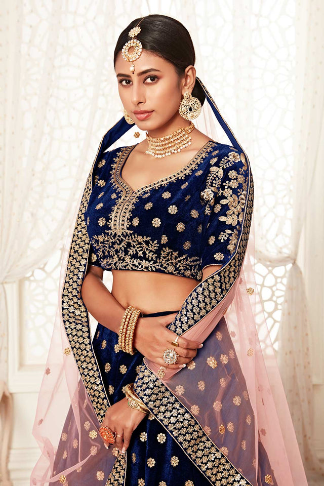 Navy Blue Velvet Zari And Sequins Embroidery Work Lehenga Set ('7704)