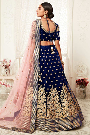 Navy Blue Velvet Zari And Sequins Embroidery Work Lehenga Set ('7704)