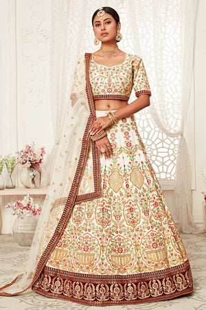 Off White Art Silk Zari And Sequins Embroidery With Diamond Work Lehenga Set ('7705)