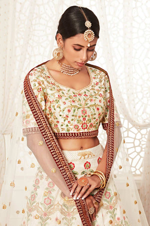 Off White Art Silk Zari And Sequins Embroidery With Diamond Work Lehenga Set ('7705)