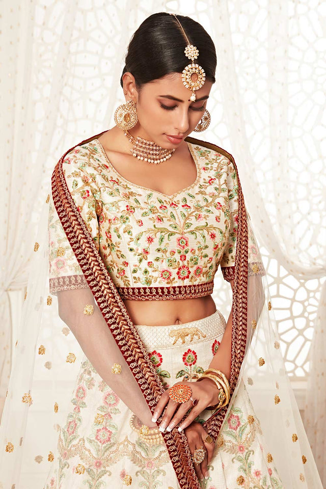 Off White Art Silk Zari And Sequins Embroidery With Diamond Work Lehenga Set ('7705)