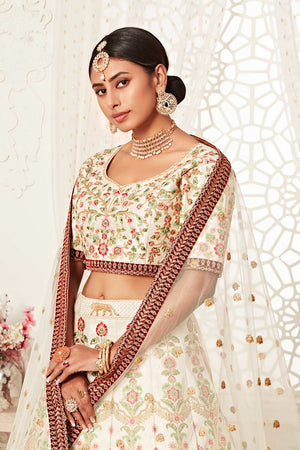 Off White Art Silk Zari And Sequins Embroidery With Diamond Work Lehenga Set ('7705)