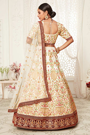 Off White Art Silk Zari And Sequins Embroidery With Diamond Work Lehenga Set ('7705)