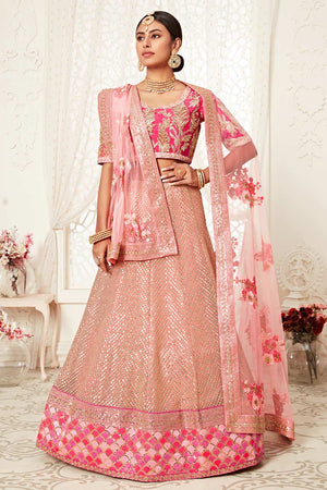Pink Soft Net Zari And Sequins Embroidery Work Lehenga Set ('7706)
