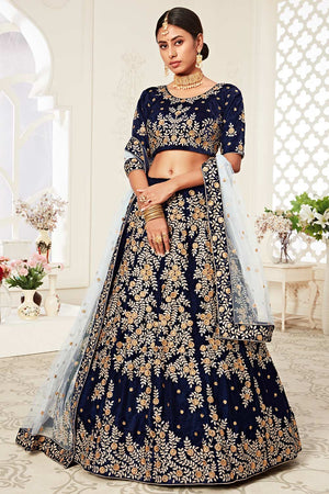 Navy Blue Velvet Zari Embroider With Diamond Work Lehenga Set ('7707)