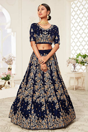 Navy Blue Velvet Zari Embroider With Diamond Work Lehenga Set ('7707)