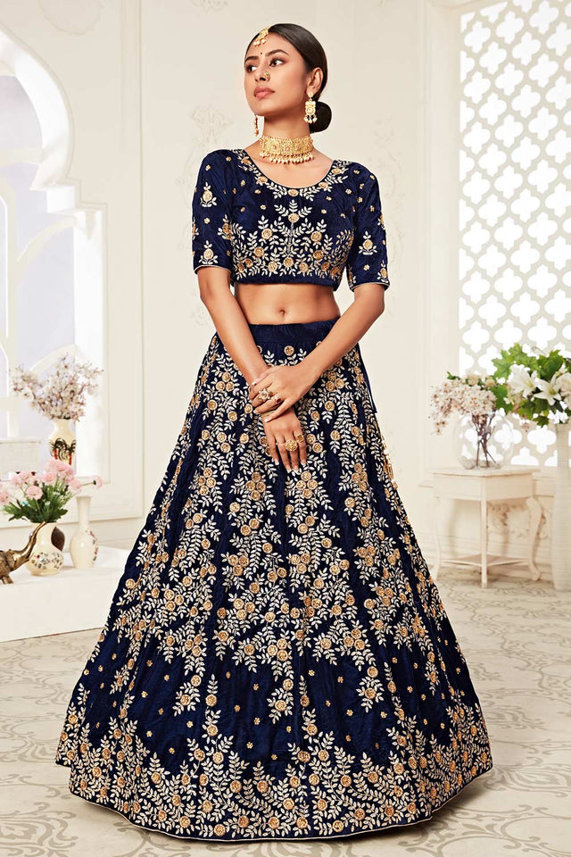 Navy Blue Velvet Zari Embroider With Diamond Work Lehenga Set ('7707)