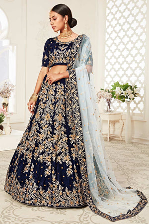 Navy Blue Velvet Zari Embroider With Diamond Work Lehenga Set ('7707)
