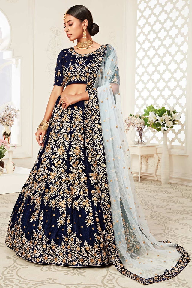 Navy Blue Velvet Zari Embroider With Diamond Work Lehenga Set ('7707)