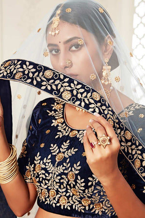 Navy Blue Velvet Zari Embroider With Diamond Work Lehenga Set ('7707)