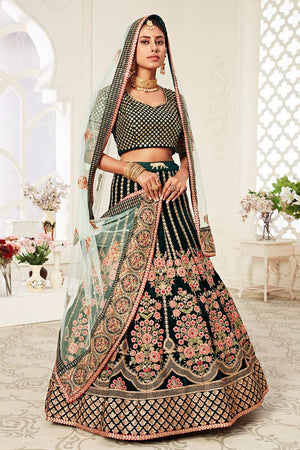 Green Velvet Zari And Sequins Embroidery With Diamond Work Lehenga Set ('7708)