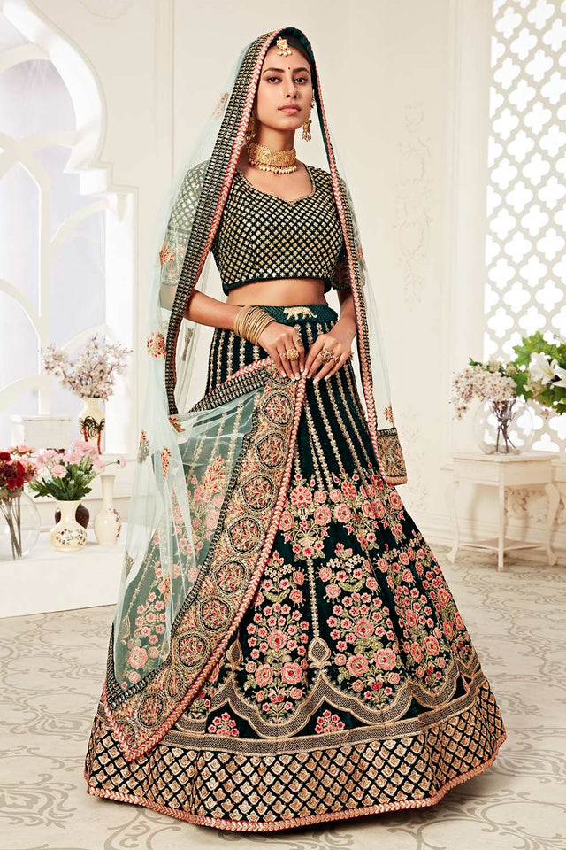 Green Velvet Zari And Sequins Embroidery With Diamond Work Lehenga Set ('7708)
