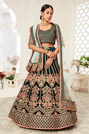 Green Velvet Zari And Sequins Embroidery With Diamond Work Lehenga Set ('7708)