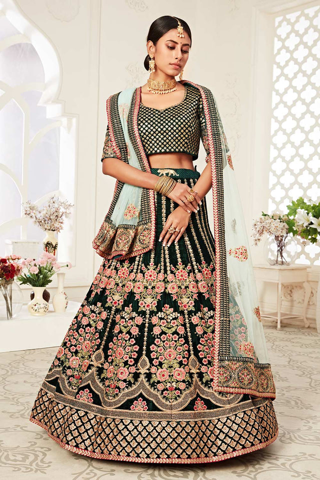 Green Velvet Zari And Sequins Embroidery With Diamond Work Lehenga Set ('7708)