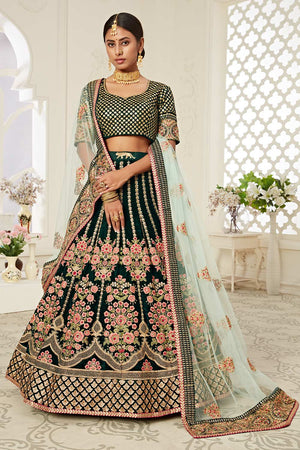 Green Velvet Zari And Sequins Embroidery With Diamond Work Lehenga Set ('7708)