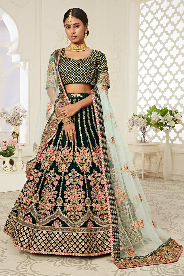 Green Velvet Zari And Sequins Embroidery With Diamond Work Lehenga Set ('7708)