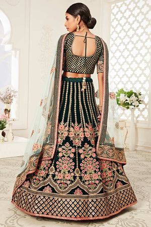 Green Velvet Zari And Sequins Embroidery With Diamond Work Lehenga Set ('7708)