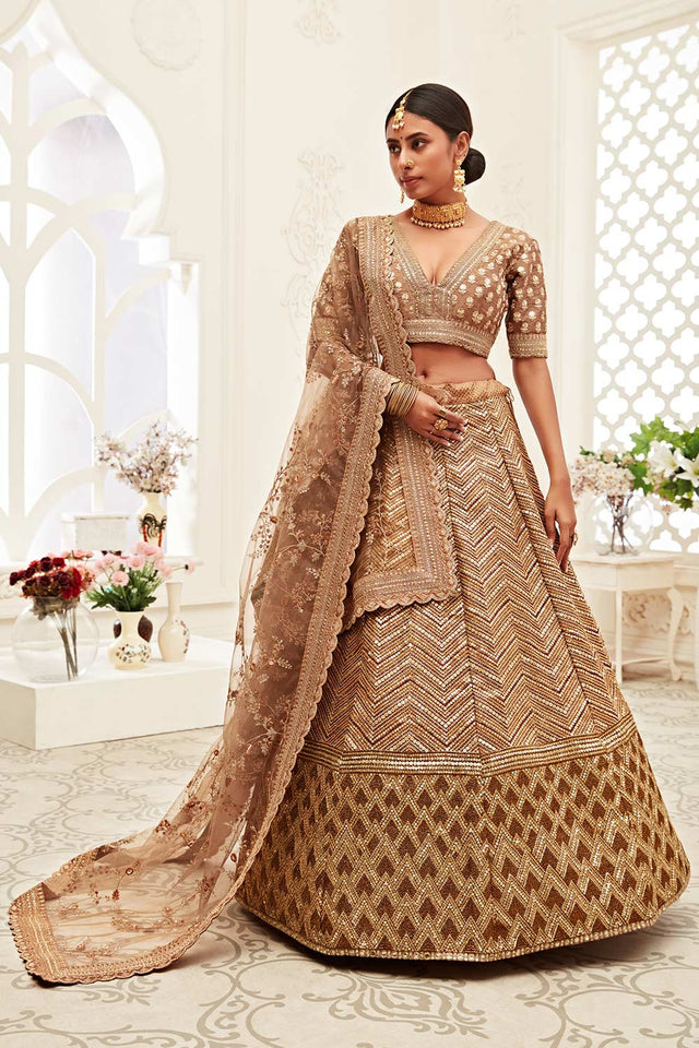 Brown Slub Silk Zari And Sequins Embroidery Work Lehenga Set ('7709)