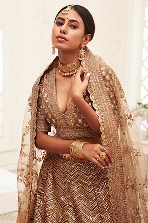 Brown Slub Silk Zari And Sequins Embroidery Work Lehenga Set ('7709)