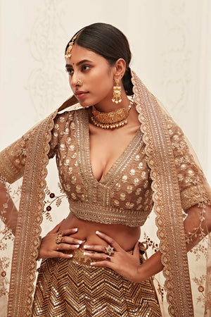 Brown Slub Silk Zari And Sequins Embroidery Work Lehenga Set ('7709)
