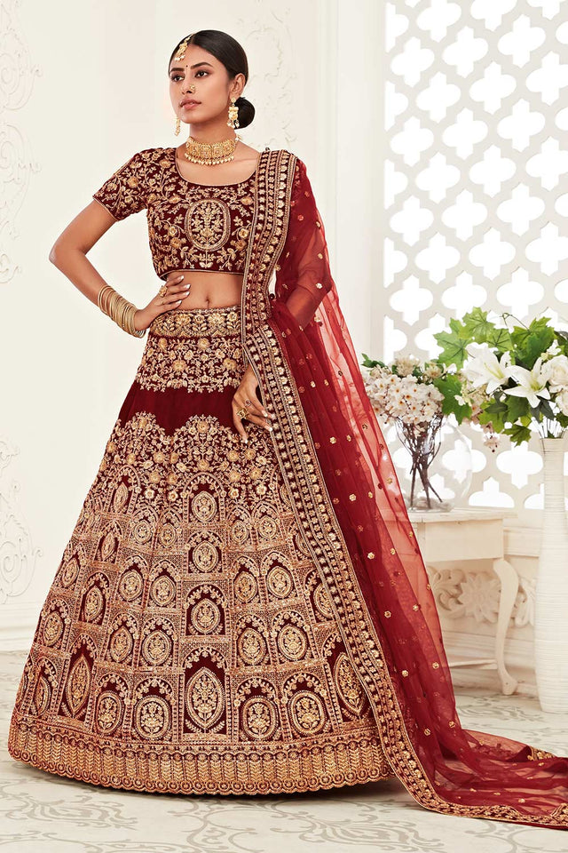 Red Velvet Zari And Sequins Embroidery Work Lehenga Set ('7710)