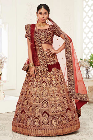 Red Velvet Zari And Sequins Embroidery Work Lehenga Set ('7710)