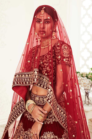 Red Velvet Zari And Sequins Embroidery Work Lehenga Set ('7710)