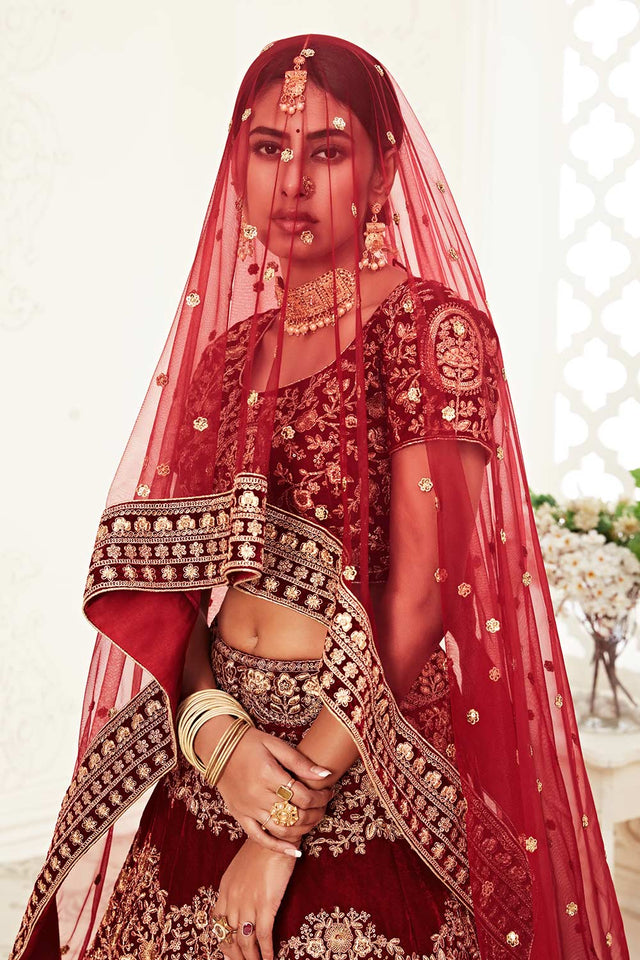 Red Velvet Zari And Sequins Embroidery Work Lehenga Set ('7710)