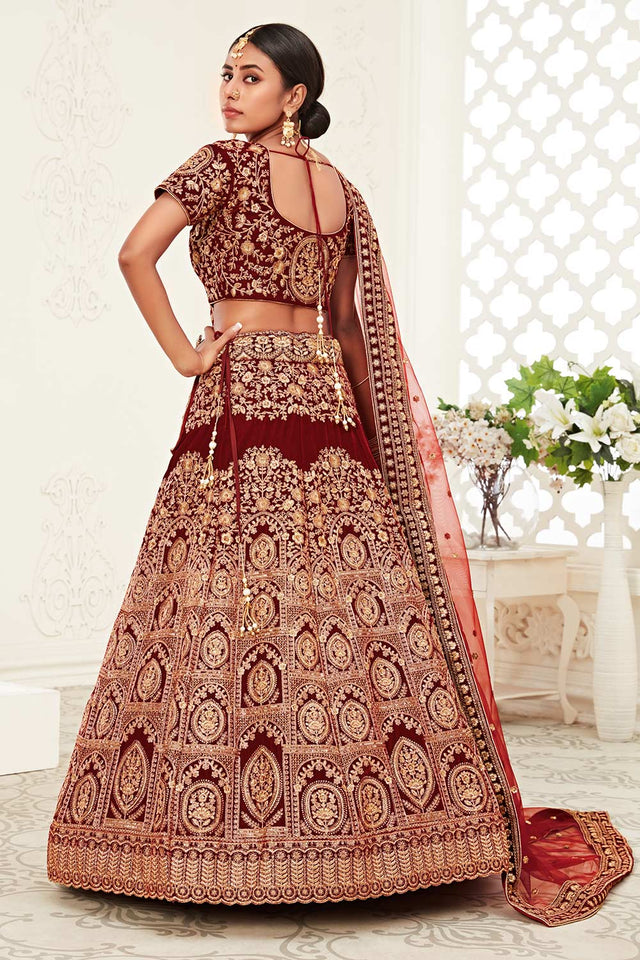 Red Velvet Zari And Sequins Embroidery Work Lehenga Set ('7710)