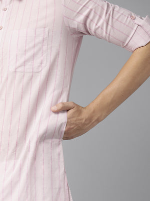 Buy Men's Baby Pink Pure Cotton Striped Printed Pathani Set Online - Zoom Out
