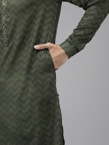 Buy Men's Green Art Silk Woven Thread Work Kurta Pajama Set Online - Zoom In