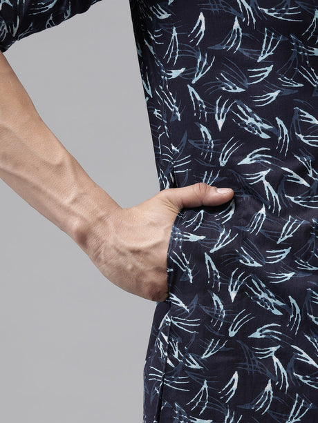 Buy Men's Indigo Pure Cotton Printed Pathani Set Online - Zoom In