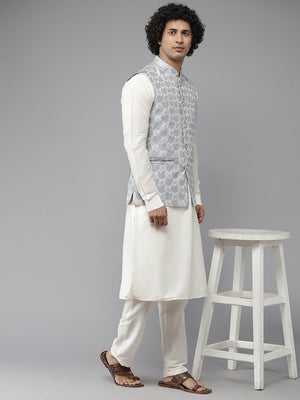 Buy Men's Off-White Silk Jacquard Woven Design Kurta Pajama Jacket Set Online