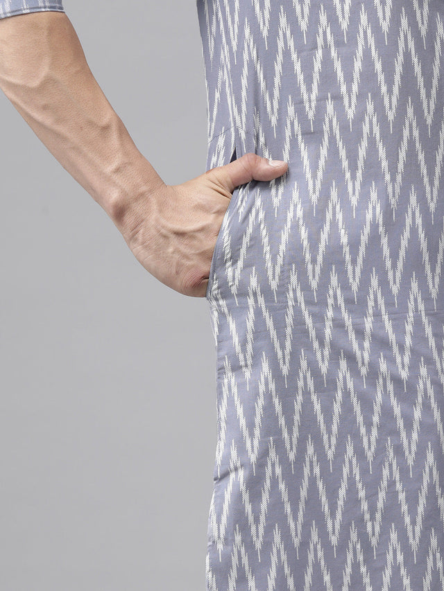 Buy Men's Light Grey Pure Cotton Chevron Printed Pathani Set Online - Zoom In