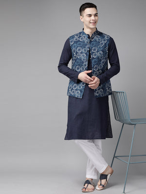 Buy Men's Navy Pure Cotton Printed Kurta Pajama Jacket Set Online - Zoom In