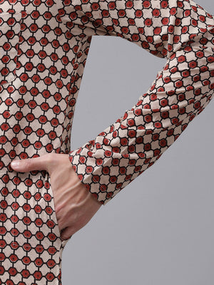 Buy Men's Beige Cotton Hand Block Printed Kurta Pajama Set Online - Zoom In