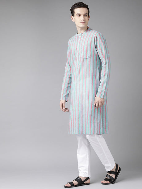 Buy Men's Multi Cotton Stripe Printed Kurta Pajama Set Online - Front