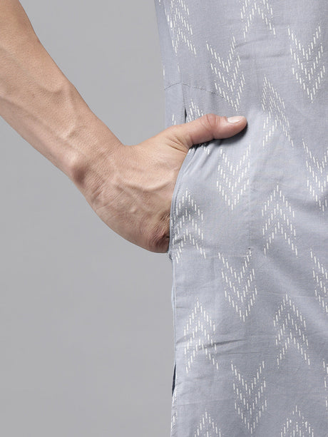 Buy Men's Light Grey Pure Cotton Chevron Printed Pathani Set Online - Zoom In