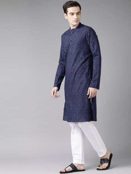 Buy Men's Blue Cotton Printed Kurta Pajama Set Online - Front