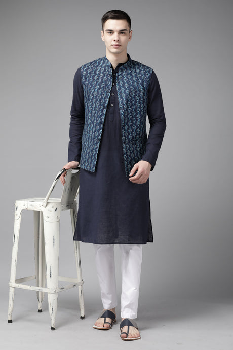 Buy Men's Navy Pure Cotton Printed Kurta Pajama Jacket Set Online - Zoom In