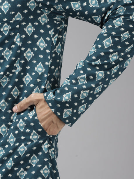 Buy Men's Teal Blue Cotton Printed Kurta Pajama Set Online - Zoom In
