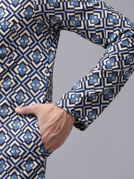 Buy Men's Blue Cotton Printed Kurta Pajama Set Online - Zoom In