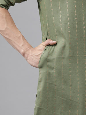 Buy Men's Olive Pure Cotton Printed Pathani Set Online - Zoom In
