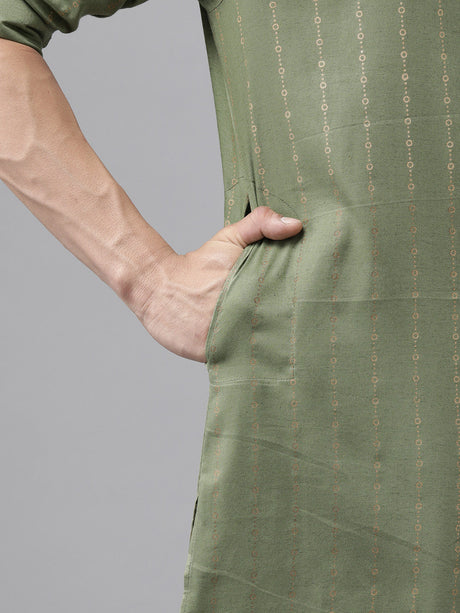Buy Men's Olive Pure Cotton Printed Pathani Set Online - Zoom In