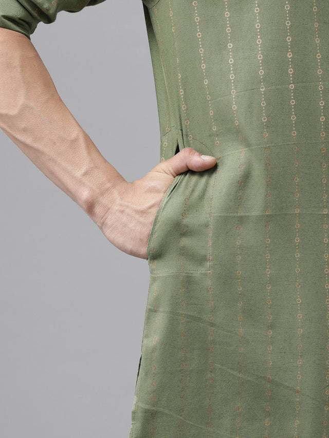 Buy Men's Olive Pure Cotton Printed Pathani Set Online - Zoom In