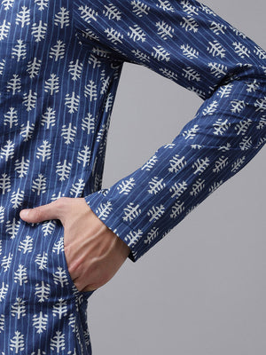 Buy Men's Blue Cotton Printed Kurta Pajama Set Online - Zoom In