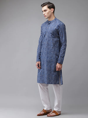 Buy Men's Blue Cotton Stripe Printed Kurta Pajama Set Online - Front