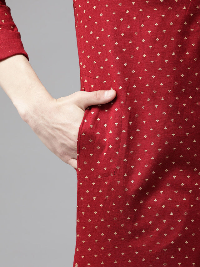 Buy Men's Maroon Cotton Printed Straight Kurta Online - Zoom In