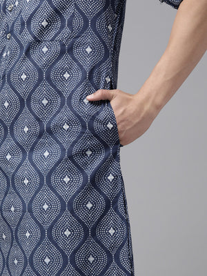 Buy Men's Indigo Pure Cotton Printed Pathani Set Online - Zoom In