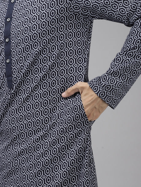 Buy Men's Blue Cotton Printed Kurta Pajama Set Online - Zoom In